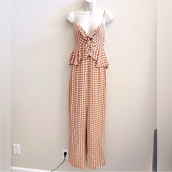 SAYLOR Gingham Viscose Crepe Apricot Ruffle Sleeveless Jumpsuit Women’s Small - Picture 2 of 11